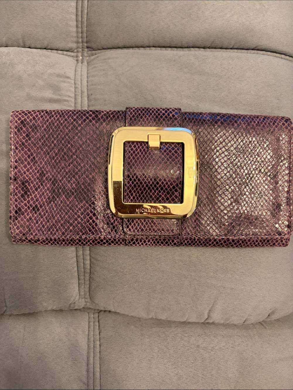 Michael Kors Plum Snakeskin-Effect Clutch with Gold Buckle